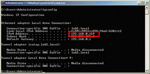 Command Prompt IP Configuration Showing Local DNS Suffix and IPv4 Address