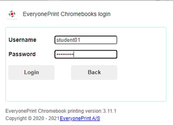 EveryonePrint Login Screen for Chromebook Printing Service