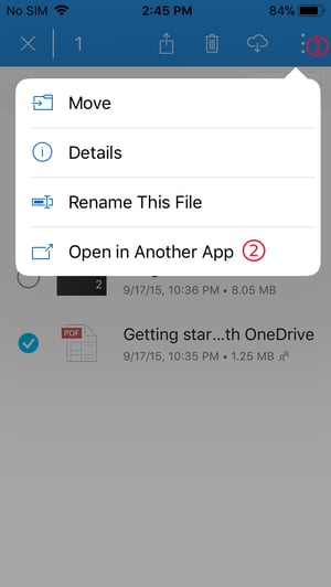 OneDrive iOS App Menu for Opening Documents in Another Application