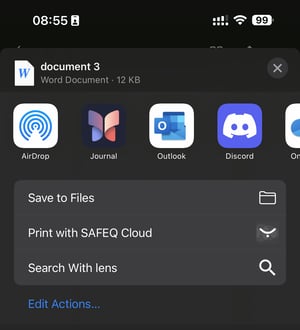 Smartphone Share Menu with Word Document and Cloud Printing Options