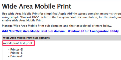 Web Interface Showing Wide Area Mobile Print Subdomain Configuration