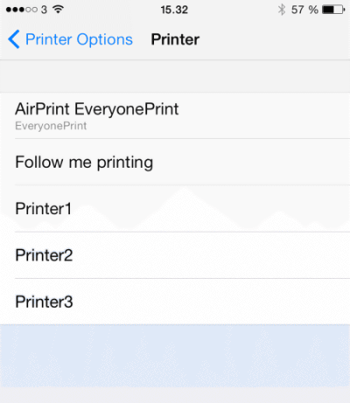 iOS AirPrint Selection Screen with Multiple EveryonePrint Options