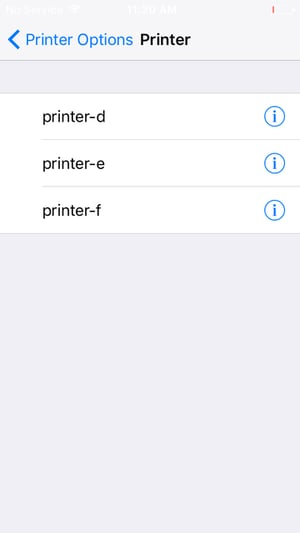 iOS Printer Options Screen Listing Multiple Printers
