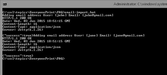 Command Line Output Showing Successful Email Address Addition for EveryonePrint Users