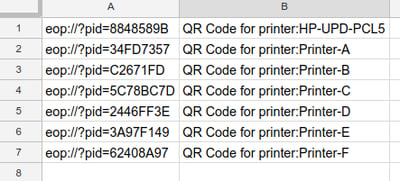 Spreadsheet Listing QR Code Links for Printers