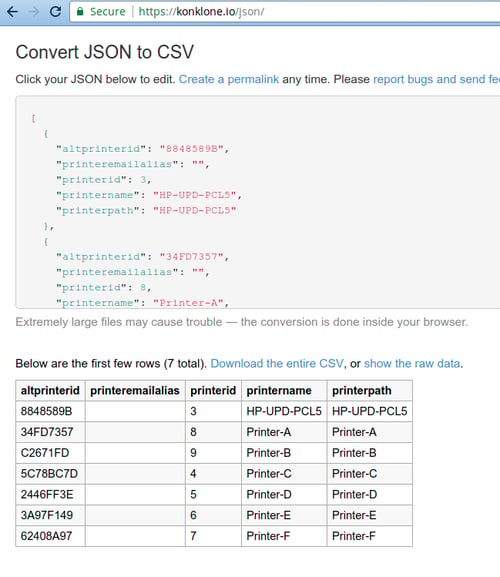Webpage Displaying JSON to CSV Conversion for Printer Data
